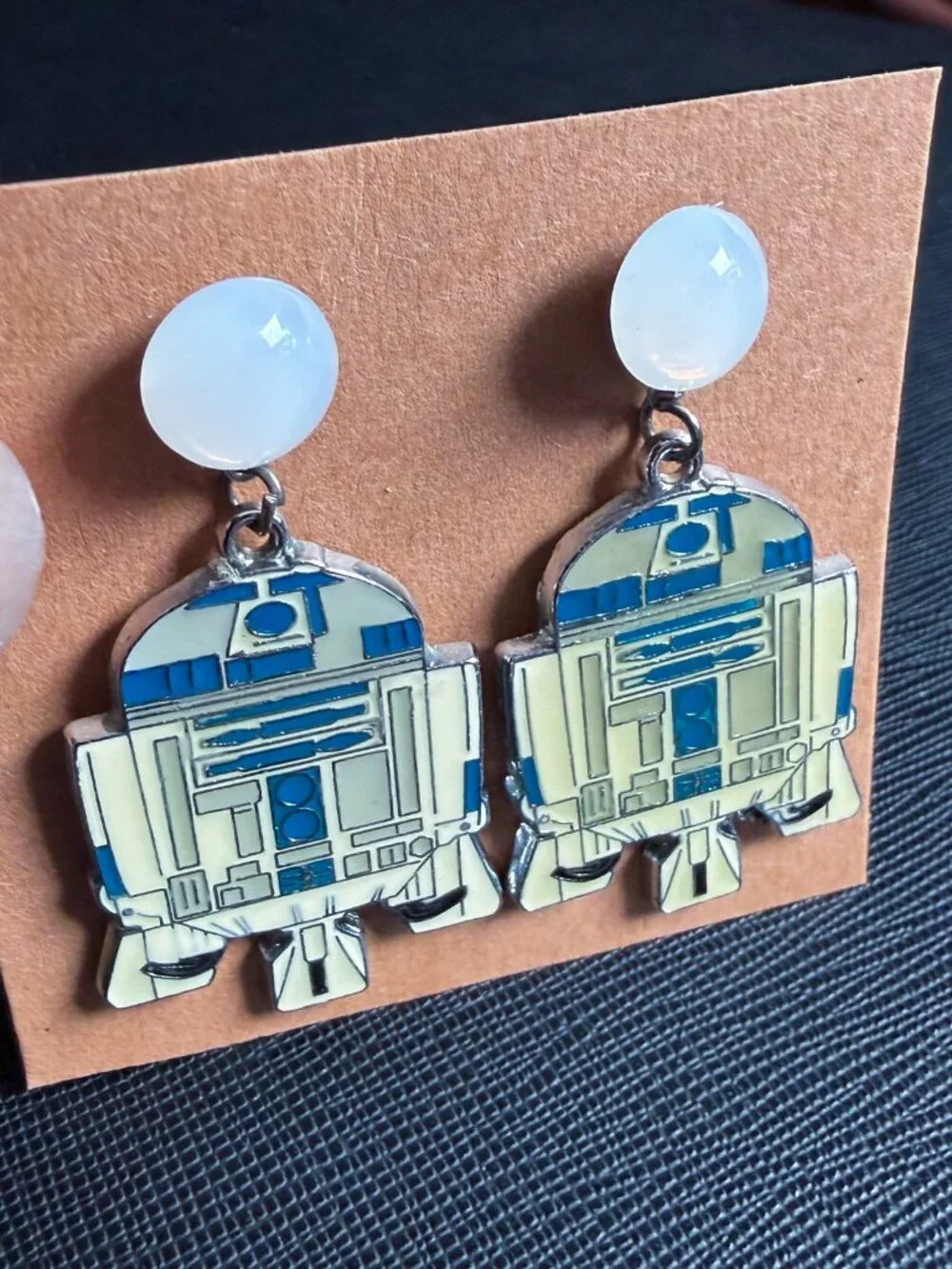 Star Wars R2-D2 Handmade Metal Dangle Earrings with Acrylic Moonstone Studs - Picture 2 of 8